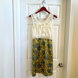Anthropologie Moulinette Soeurs Women's Metallic Ruffle Dress Green Cream